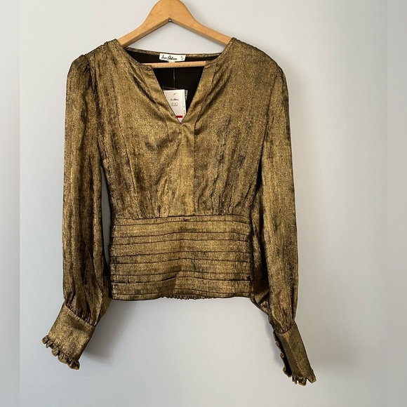 NWT Sam Edelman Edith Split Neck Gold Metallic Top Size XS Long Sleeve V-Neck - Picture 4 of 16
